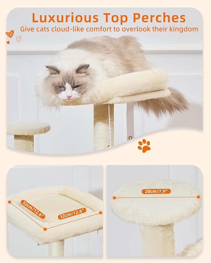 Taoqimiao Cat Tree, 48-Inch Cat Tower for Kittens, Cat Tree Tower with 5 Scratching Posts, Plush Cat Condo with Plush Perch, 2 Hammock, Pompoms, Light Gray MS019L-M