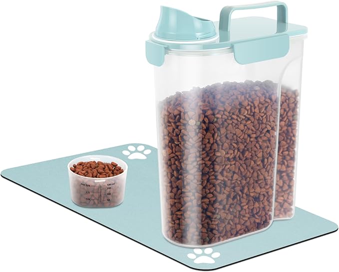 5-7Lbs Portable Airtight Dog Cat Food Container, match pet feeding mat Clean and convenient, making less messy,translucent Storage Bin for Small Animal Kibble,Bird Seed,Oatmeal,Rice-Sky Blue