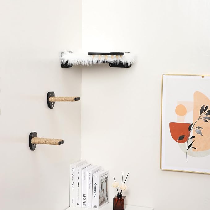 Cat Wall Shelves, Cat Shelves and Perches for Wall, Cat Wall Furniture, Corner Cat Shelf with 3 Steps Scratch Post, Cat Bed Hammock with Plush Covered, Climbing Shelf for Indoor Cats (Black)