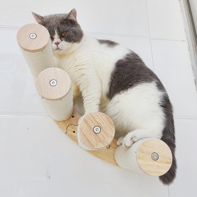 Cat Scratching Staircase, Wooden Climbing Post for Cats, Stairway Design Cat Climbing Shelf Wall Mounted, Four Step Cat Stairway with Jute Scratching for Cats Perch Platform (Round-Ladder)