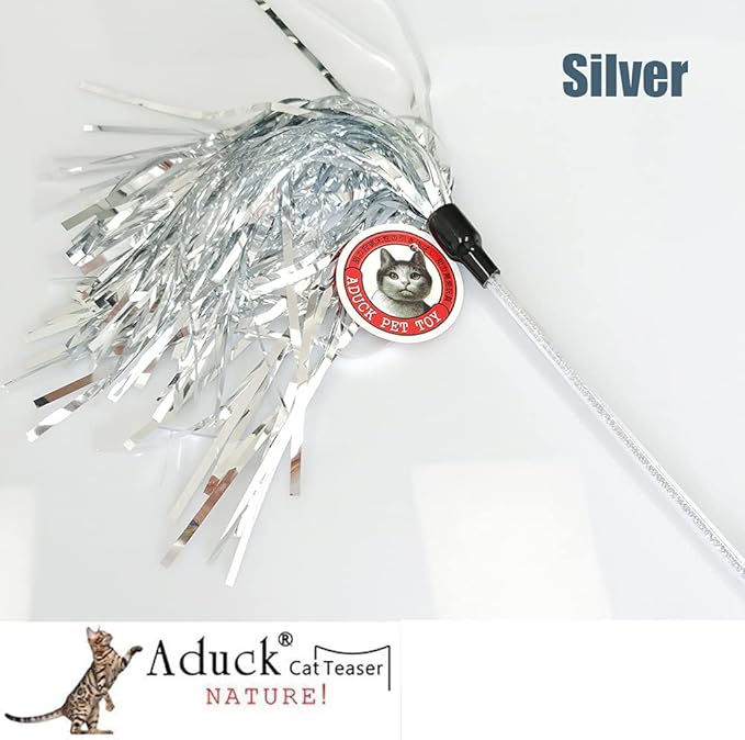 ADUCK Cat Toys Interactive Teaser Wand Toy with Tassels Worms Catcher for Cats Kitten (Pack of 3 Gold + Silver + Green)