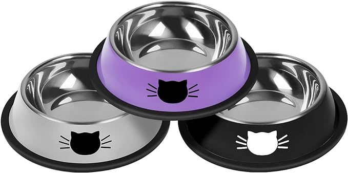 3Pcs Cat Bowls Non-Slip Stainless Steel Small Cat Food Bowl Unbreakable Thick Rubber Base Easily Clean Lovely Color