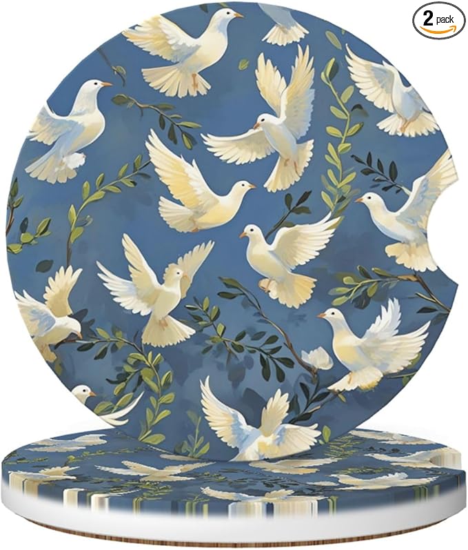 Absorbent Ceramic Car Coasters for Cup Holders, Pigeon Design 2.56" Anti Slip Universal Drink Cup Coasters for Women Men (2 Pack)