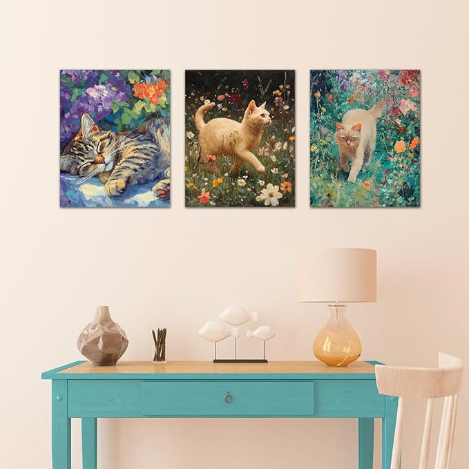 3 Pcs Cat Theme Poster Prints - 8"x10" Watercolor Floral Cats Home Paper Wall Art Decoration - Retro Posters Painting For Living Room,Bedroom,Bathroom - Gifts For Family & Friends - A02