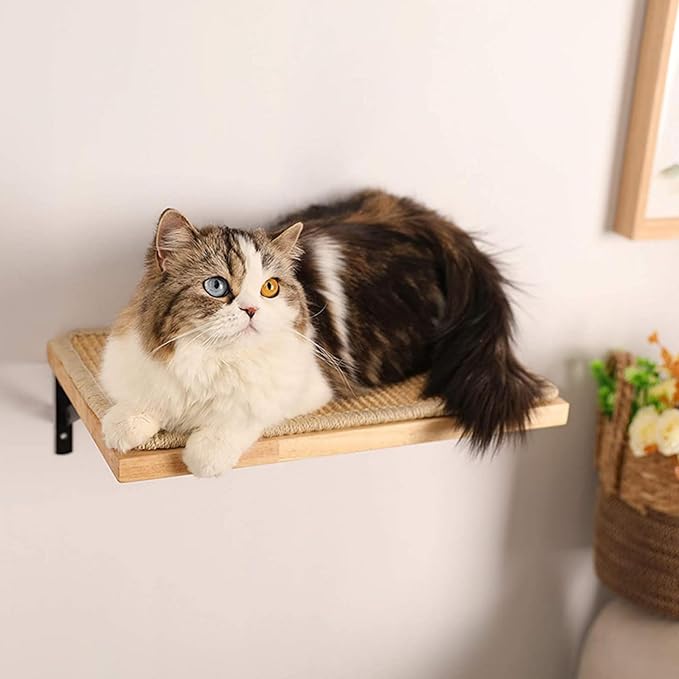 Cat Scratching Staircase, Wooden Climbing Post for Cats, Stairway Design Cat Climbing Shelf Wall Mounted, Four Step Cat Stairway with Jute Scratching for Cats Perch Platform (2 Pieces Hammock)
