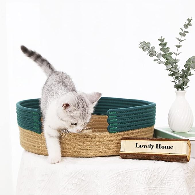 Cat Bed Cotton Rope Cat Beds for Indoor Cats Washable Dog Bed for Small Dogs Cat Scratching Board Pet Mat for Sleeping Four Seasons Universal (Green&Jute)