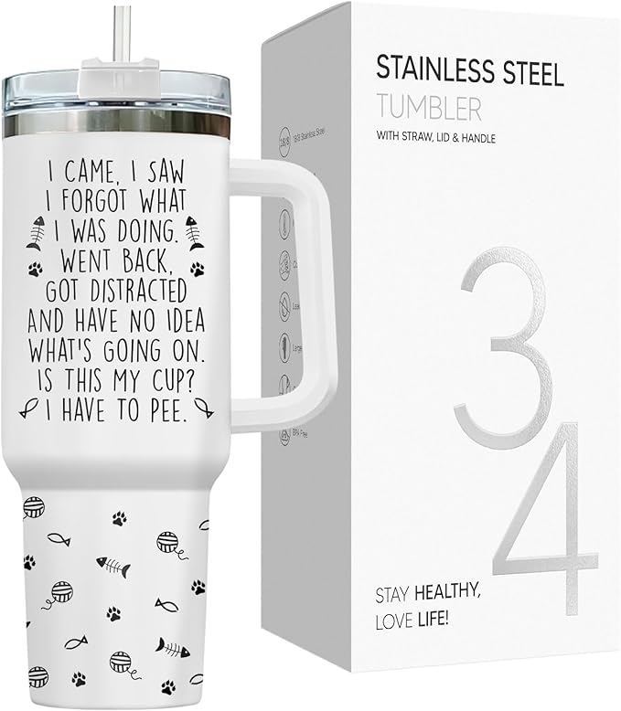 34HD Funny Black Cat Tumbler with Handle and Straw, 40oz Double Wall Vacuum Insulated Pet Mug, I Came I Saw Forgot Cup, Cat Gifts for Women Men Birthday Mothers Day Halloween Christmas