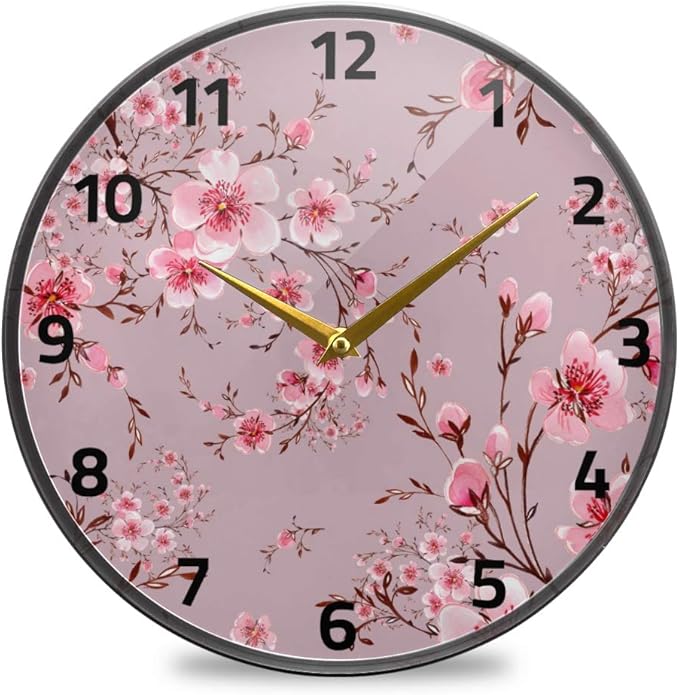ALAZA Pink Floral Cherry Blossom Wall Clock Battery Operated Silent Non Ticking Clocks for Living Room Decor 12 Inch / 9.5 Inch