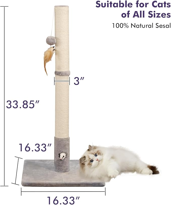 Cat Scratching Post with Premium Sisal Rope for Indoor 34in Tall Scratcher Post Tree with Mouse Hole, Hanging Ball for Adult Cats and Kittens