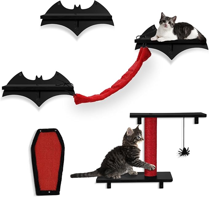 Gothic Cat Wall Shelves 4pcs Wall-Mounted Cat Climber Set Cat Tree Cat Bed with Bridge Ladder Wall Steps Scratching Board Posts Hanging Spider Toy Cat Condo Halloween Cat Wall Furniture for Cats