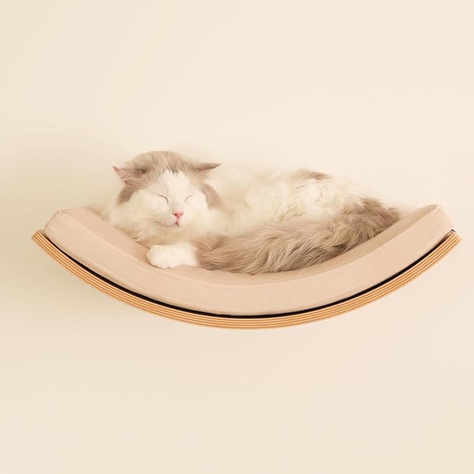 Large Cat Wall Shelves Curved Floating Cat Shelf Perch Bed with Cushion Wooden Cat Wall Furniture for Climbing Sleeping 22.4"x13.7"(Walnut)