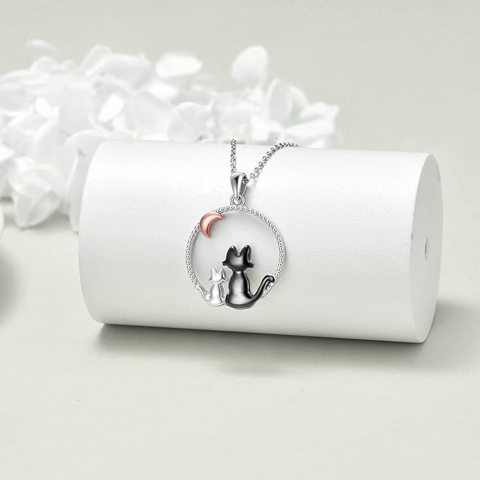 AXELUNA Black Cat Necklace 925 Sterling Silver Kitten Pendant Circle Crystal Necklace Cat Jewelry Gifts for Women Girls Girlfriend Animal Lovers