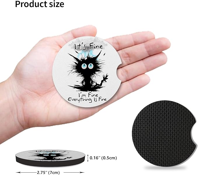 2 Pack Car Cup Holders,Universal Auto Anti Slip Insert Coaster, Rubber Car Coasters with A Finger Notch, Cute Car Assecories for Women Men (I'm Fine Cat)