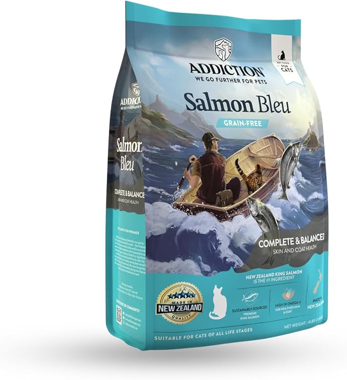 Addiction Salmon Bleu – Premium New Zealand King Salmon Recipe – Skin, Coat & Cognitive Health - Complete & Balanced - Omega-3 Rich - Grain-Free Dry Cat Food for All Life Stages – 4lbs