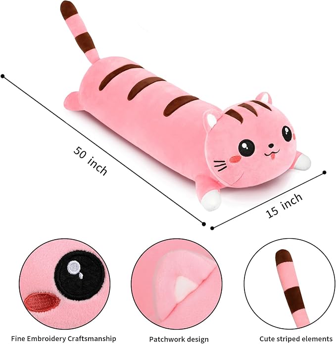 AFAN Long Cat Plush Cute Cat Body Pillows Kawaii Stuffed Animals Plushies Soft Cuddly Cotton Plush Toys Room Decor Gifts for Kids Girls Boys Adults (Pink, 50 Inch)