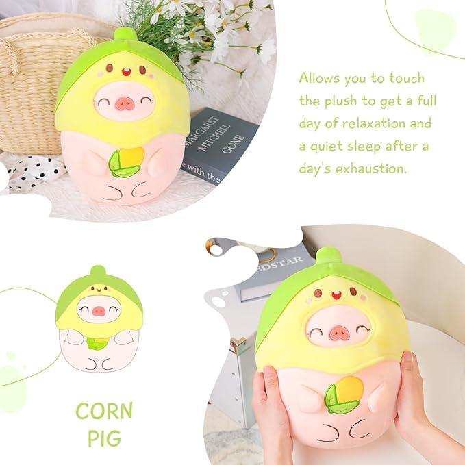 AIXINI Cute Corn Pig Plush Pillow 10" Piggy Stuffed Animal, Soft Kawaii Pig Plushie with Food Outfit Costume, Hugging Plush Squishy Pillow Toy
