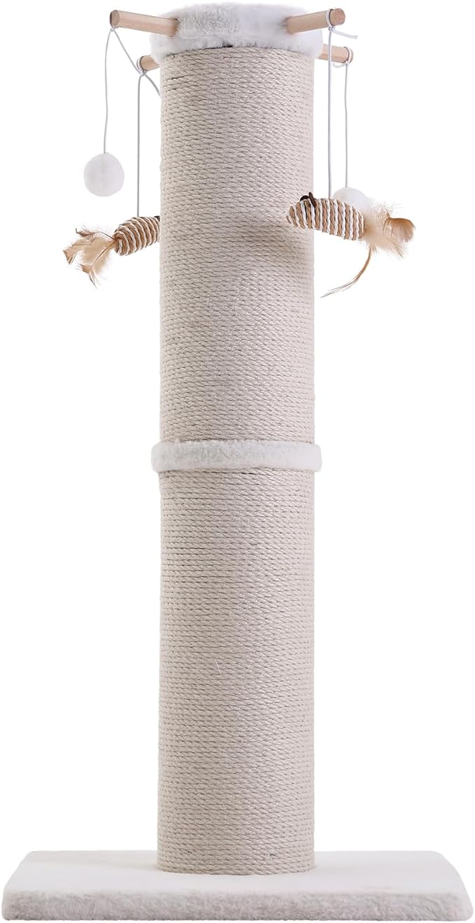 Cat Scratching Post, 32 Inch Large Cat Scratch Post for Adult Cats and Kittens, Nature Sisal with Hanging Toys, Modern Cat Scratcher for Indoor Cats, Protect Your Furniture, Beige