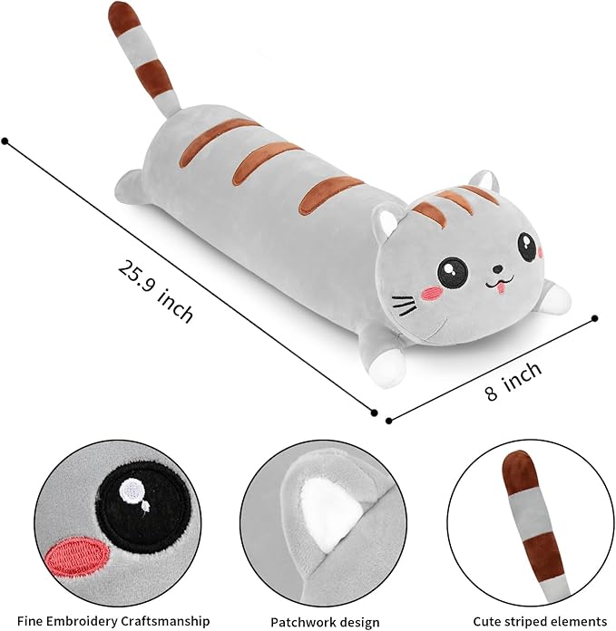 AFAN Long Cat Plush Cute Cat Body Pillows Kawaii Stuffed Animals Plushies Soft Cuddly Cotton Plush Toys Room Decor Gifts for Kids Girls Boys Adults (Grey, 25.9 Inch)