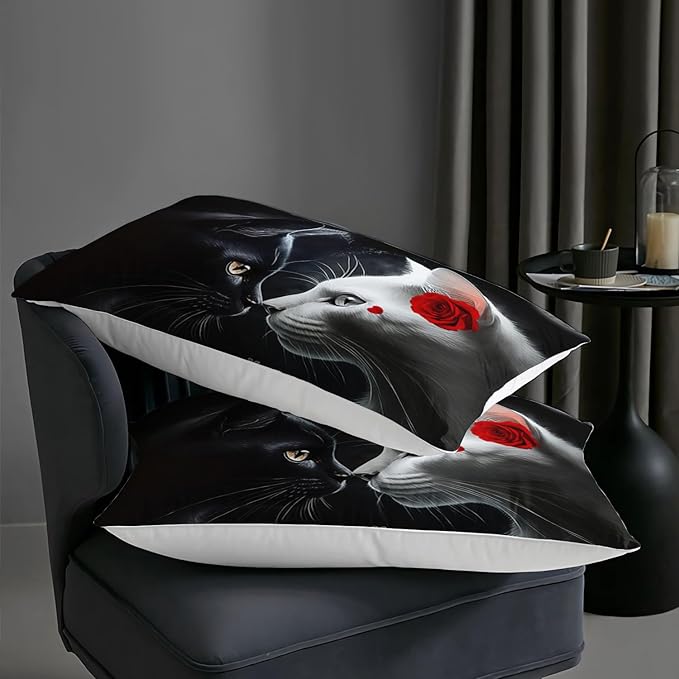 AILONEN Rose Cat Comforter Set Queen Size, Black & White Cat Couple Bedding Set for Kids Boys,Valentine Room Decor Romantic Duvet Set 3 Pieces, 1 Quilt and 2 Pillowcases