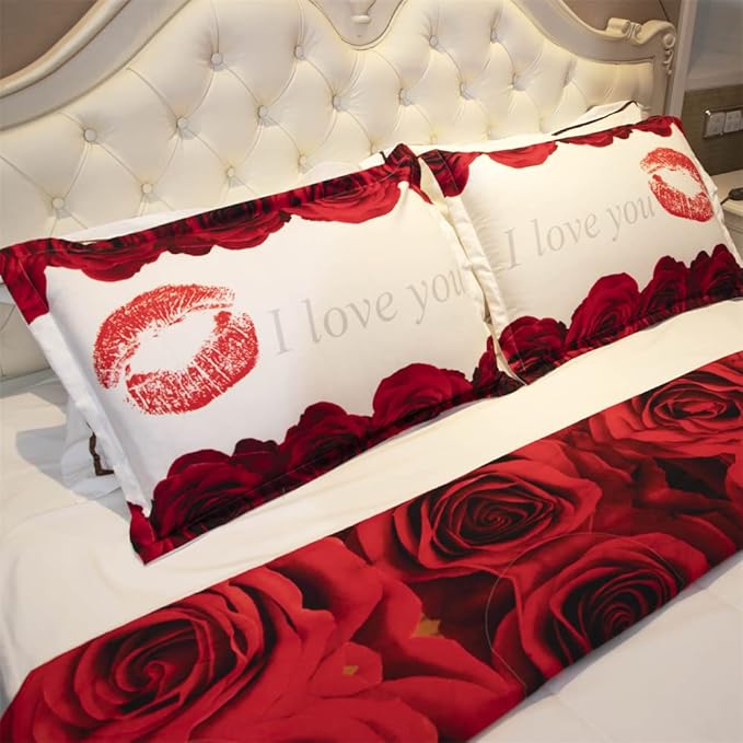 3D Comforter Set Full - Red and White Rose Print Comforter Set Full Size Floral Room Decor Bedding Set Aldult Quilt with 2 Pillowcases for All Seasons