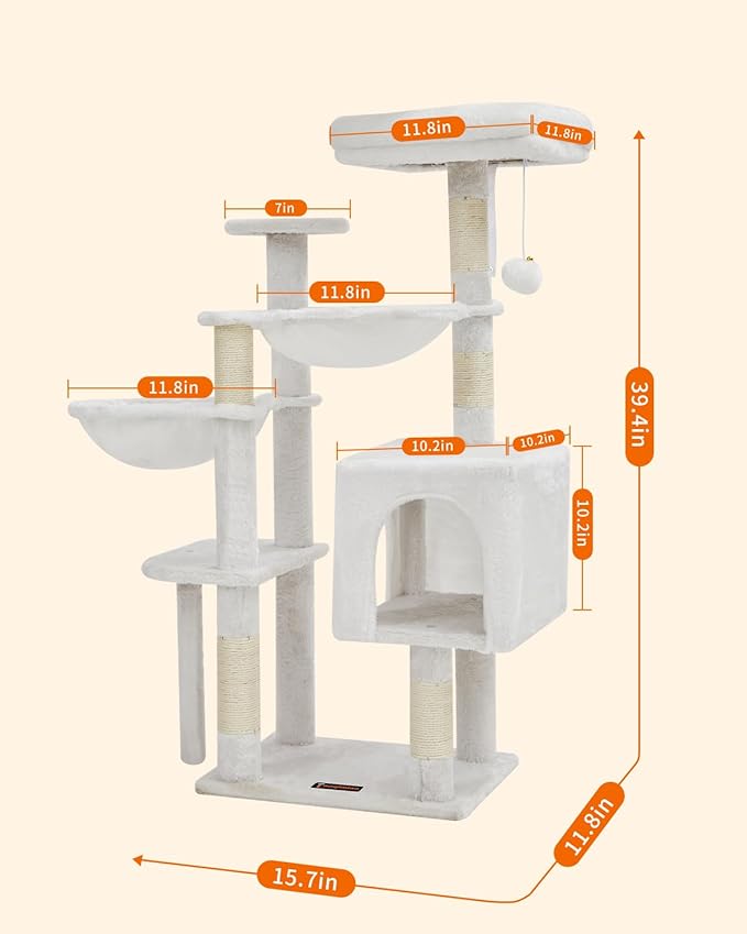Taoqimiao Cat Tree, 39.4-Inch Cat Tower for Indoor Cats,Suitable for Kittens,Plush Cat Condo with 5 Scratching Posts, Plush Perch,2 Hammock,Pompoms, MS019C Cream White