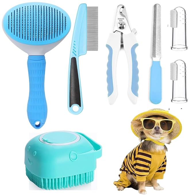 7pcs Pet Grooming Kit, Self-Cleaning Brush Shedding Kit with Nail Clipper, Flea Comb, Shampoo Bath Brush, Finger Toothbrush, Storage Bag (Blue)
