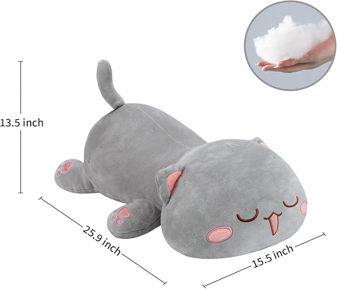 AFAN Cat Stuffed Animals Plush Cute Soft Cat Plush Pillow Toys Kawaii Plushies Room Decor Gifts for Kids Girls Boys (Squinted Eyes, Grey, 25.9 Inch)