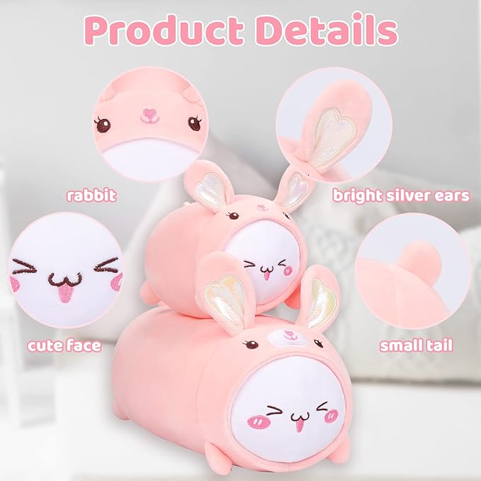AIXINI Cute Cat Rabbit Plush Pillow 15.7” Kitten Bunny Stuffed Animal, Soft Kawaii Cat Plushie with Rabbit Outfit Costume, Hugging Plush Squishy Pillow Toy Gifts for Kids