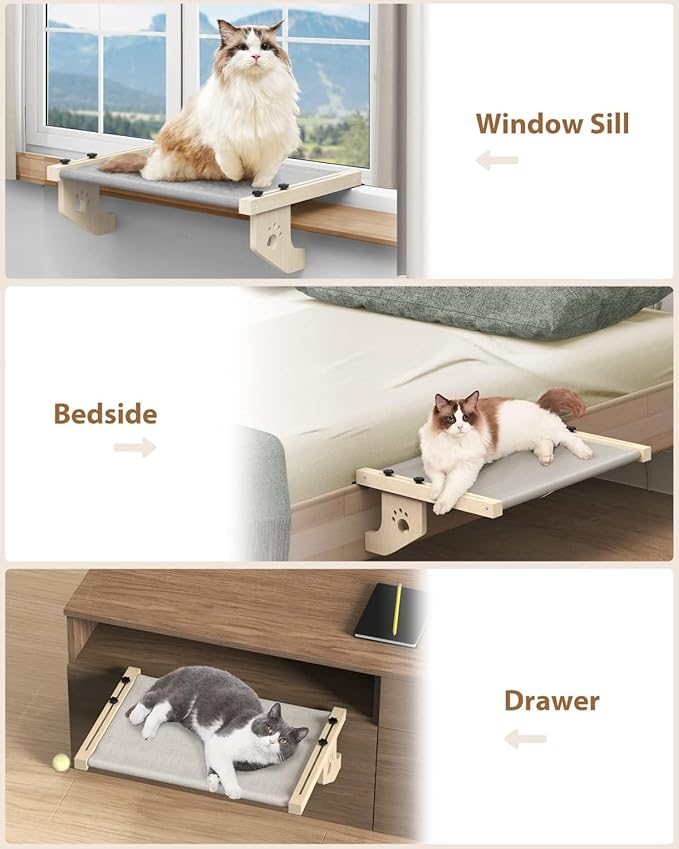 Indoor Cat Hammock Window Perch – Cordless cat Shelf seat with 4 Legs, Wood & Metal Frame with a Soft Bed No Drilling Required | Easy Adjustable 2 in 1 cat Bed for Windowsill, Floor & Bedside