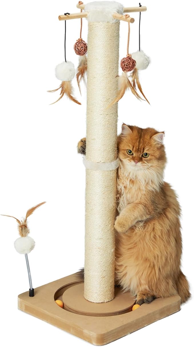 PEEKAB Cat Scratching Post 33 Inches Tall Large Sisal Scratch Post with Track Ball Toys for Indoor Cats and Kittens,Cat Scratcher Toy Beige
