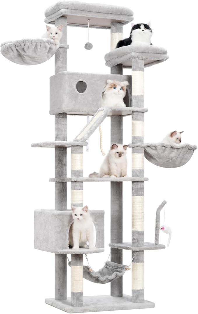 Cat Tree for Large Cats, 78.7"(200cm) Tall Cat Tower for Indoor Cats Multiple Cats with Large Top Perch, Cat Condo, Cat Hammcok, Cat Scratching Post, Light Gray GCT031W