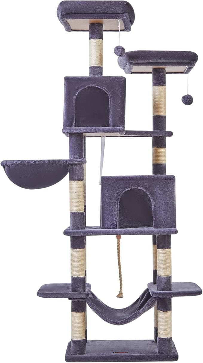 Taoqimiao Cat Tree, 71.7-Inch Cat Tower for Indoor Cats, Plush Multi-Level Cat Condo with 13 Scratching Posts, 2 Perches, 2 Caves, Hammock, 2 Pompoms,Smoky Gray MS013LG