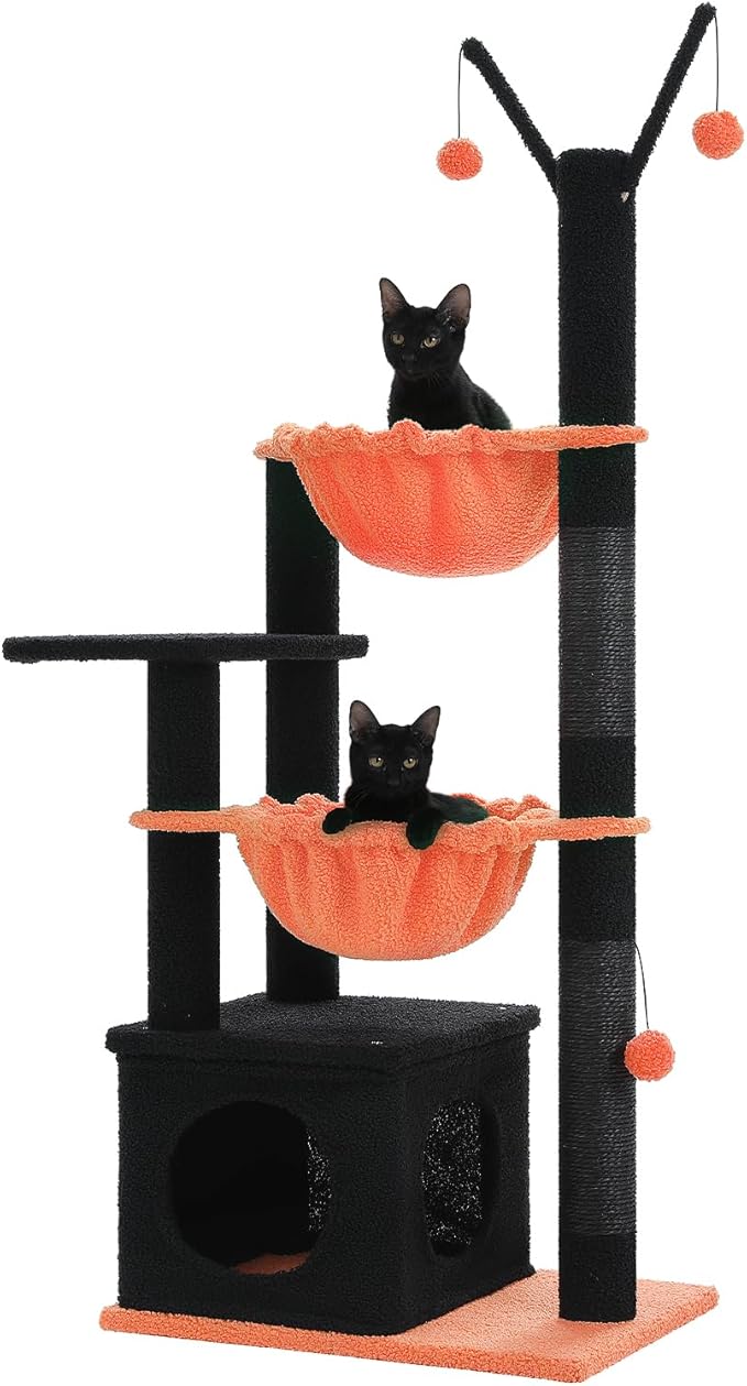 Gothic Cat Tree with Coffin Condo, 47.6" Spooky Cat Tower, 2 Metal Frame Hammocks, Cat Scratching Post with 2 Removable Pompom Sticks for Small Indoor Cats, Black Halloween