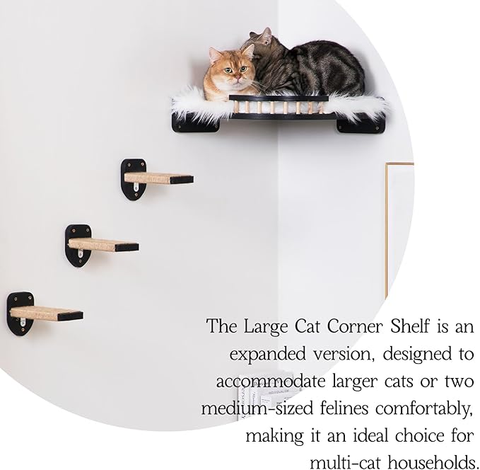 Cat Wall Shelves, Corner Cat Shelf with 3 Cat Wall Steps, Cat Shelves for Wall Large Cats Set, Cat Wall Bed with Plush Covered, Wall Mounted Cat Climbing Shelf for Indoor Cats (Black)