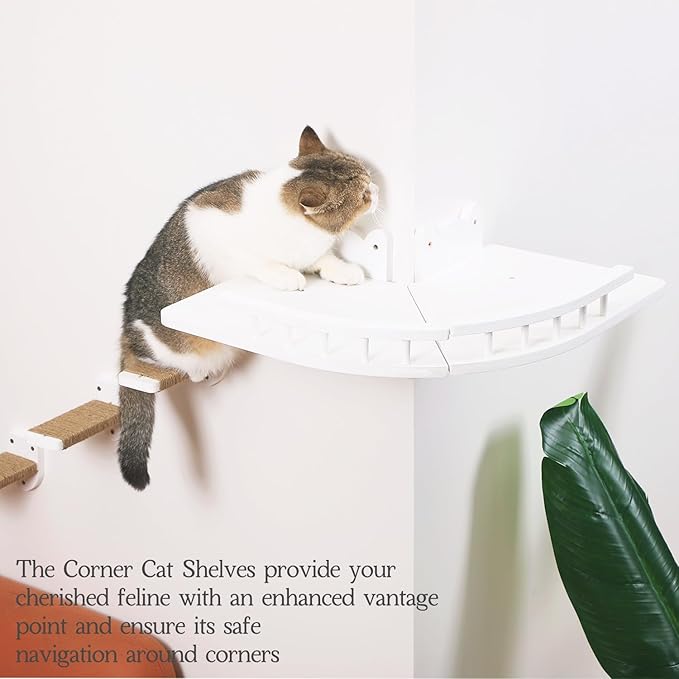 Cat Shelves for Wall, 2 Pcs Cat Wall Shelves with 3 Cat Wall Steps, Wood Cat Wall Furniture Set with Plush Covered, Wall-Mounted Cat Climbing Shelves Cat Perch for Indoor Large Cat (White)