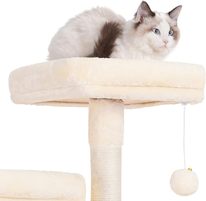 Heybly Cat Tree, Cat Tower for Indoor Cats,Multi-Level Cat Furniture Condo for Cats with Padded Plush Perch, Cozy Basket and Scratching Board Beige HCT014M