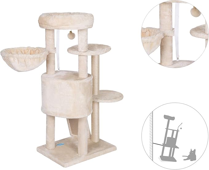 Hey-brother Cat Tree with Scratching Board, Cat Tower with Padded Plush Perch and Cozy Basket, Multi-Platform for Jump, Beige MPJ005M
