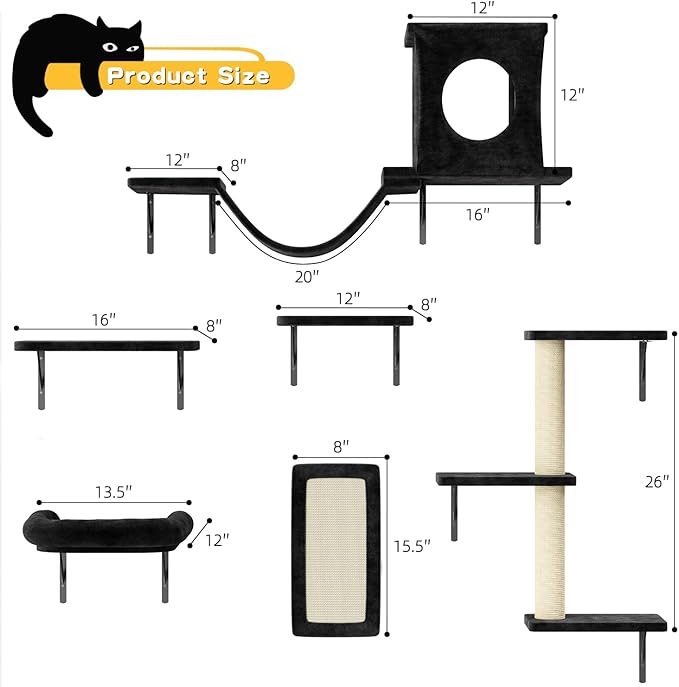 Wall Mounted Cat Furniture, 6pc Cat Wall Furniture, Cat Climber with Cat House, Bridge, Tree, Steps, and Scratcher, DIY Cat Walls Playground, Cat Shelves for Indoor Wall Furniture Set - Black