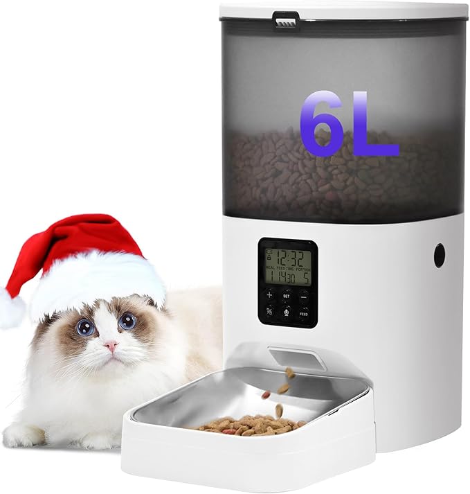 Automatic Cat Feeder, 6L Cat Food Dispenser with 10s Voice Recorder, Pet Feeder up to 8 Meals per Day, Timed Cat Feeder with Dry Food Sealed Ring (Jade White, 6L)