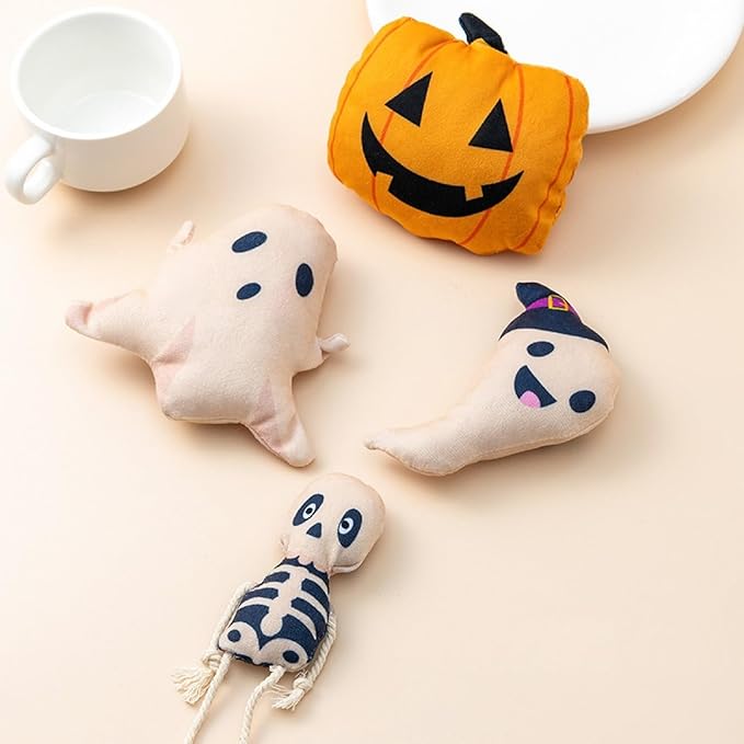 4-Pack Halloween Cat Toy Catnip Plush Toys Set - Pumpkin, Ghost, and Skeleton Design, Soft and Durable Cat Toys for Halloween Fun, Perfect for Indoor Play and Exercise