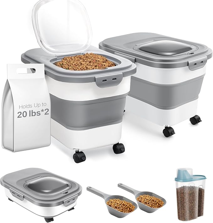 ANVS 20-40lbs Dog Food Storage Container, Collapsible Dog Food Container with Casters, Scoop and Small Container, Keep Dry Food Fresh,Easy to Move, Large Pet food storage for Dog, Cat