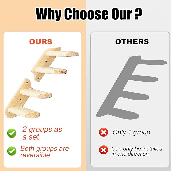 Cat Wall Steps Shelves Cat Climbing Shelf Reversible Wall Mounted, Wooden Four Step Cat Stairway with Scratching Sisal Rope for Cats Perch Platform Supplies Large Cats Scratching Post Activity Tree