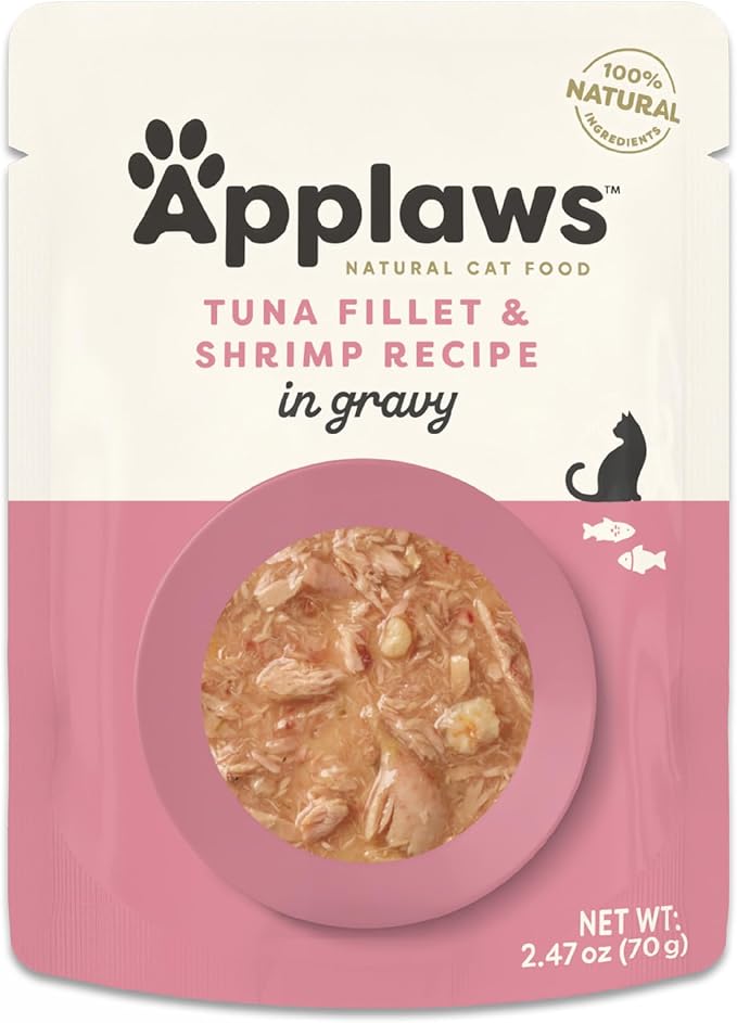 Applaws Natural Wet Cat Food in Gravy, Limited Ingredient Wet Cat Food Pouches, No Additives, Made with Natural Ingredients, Tuna with Shrimp in Gravy (12 x 2.47oz Pouches)