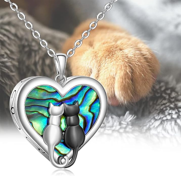 Cat Necklace for Women Ashes Cremation Cat Urn Necklaces for Women Abalone Shell Sterling Silver Paw Print Black Cats Yin Yang Memorial Keepsake Gifts