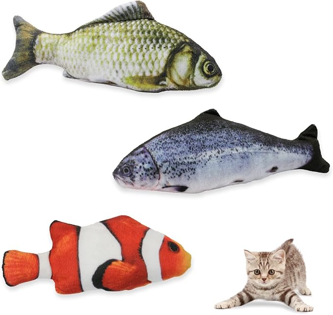 Andiker Cat Interactive Toys (3Pcs), Cotton Filled Catnip Fish-Shaped Toys for Indoor Cats, Cat Toy Set for All Breed Sizes