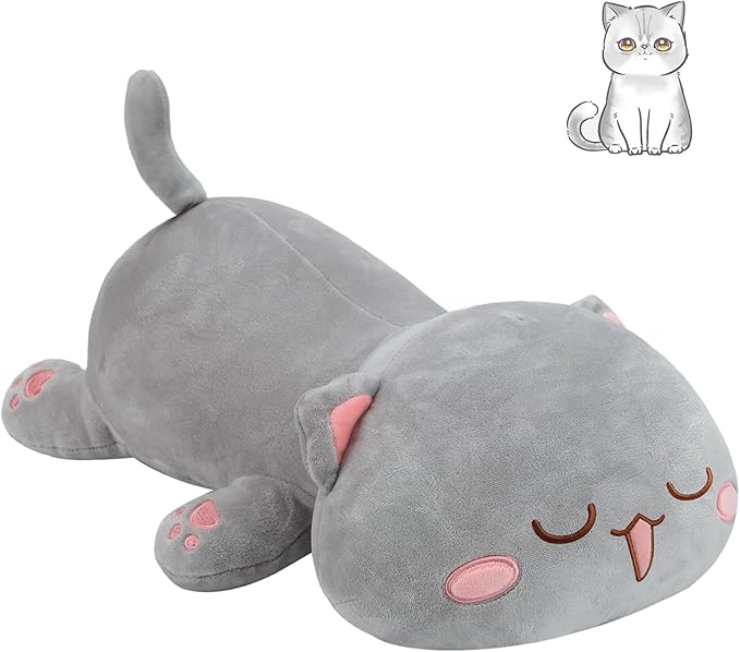 AFAN Cat Stuffed Animals Plush Cute Soft Cat Plush Pillow Toys Kawaii Plushies Room Decor Gifts for Kids Girls Boys (Squinted Eyes, Grey, 13.7 Inch)