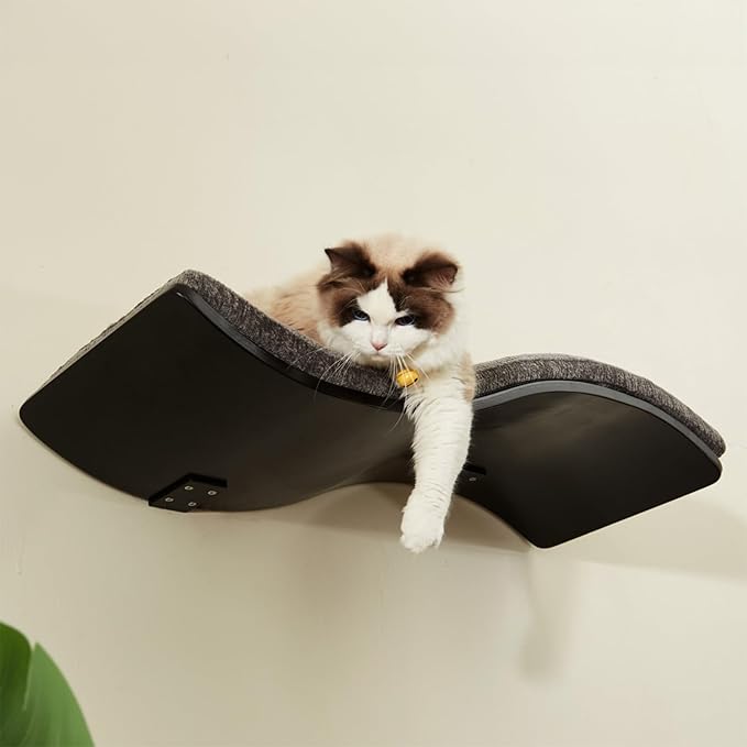 Cat Shelf with Comfortable Cat Cushion - Wave Modern Cat Bed - Minimalistic Floating Cat Wall Perch - Wooden Wall Mounted Cat Furniture for Sleeping, Playing, Climbing, and Lounging, Walnut