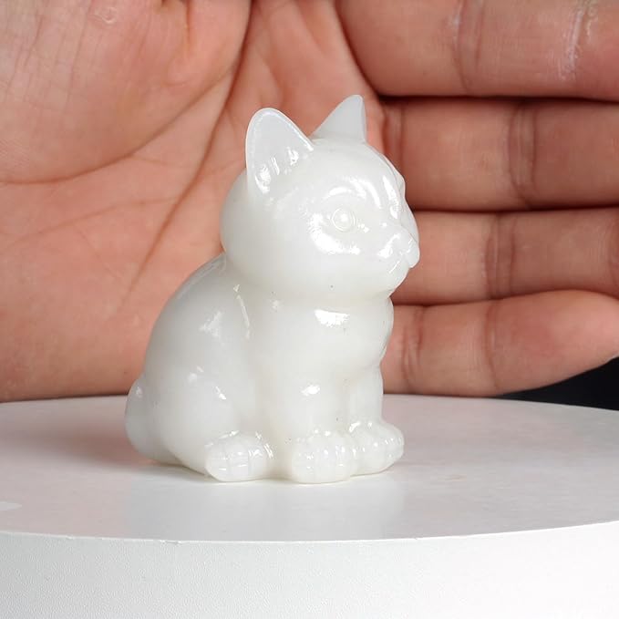 1.6 Inch Crystal Cat Statues, White Marble Cat Figurines, Healing Crystal Kitty Figurine Decor, Cute Lucky CatStatues for Gifts, Handcrafted White Jade Figurines for Home Ornaments