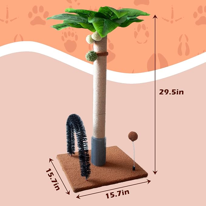 29.5" Tall Cat Scratching Post, Natural Sisal Scratching Posts with Self Groomer for Indoor Large Cats Kitten Scratch Posts with Hanging Ball and Spring Ball for Adult Cats Kittens Kitty(Coffee)