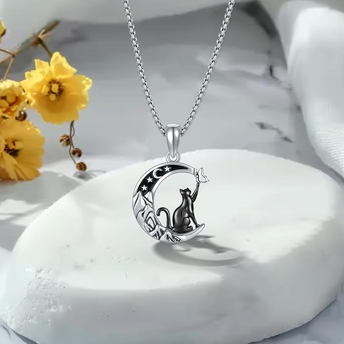 AUDINCCED Black Cat Necklace Turtle Necklace Gothic Jewelry Butterfly Necklace Cat Necklace 925 Sterling Silver Crescent Moon Necklace for Women Cat Gifts for Cat Lovers